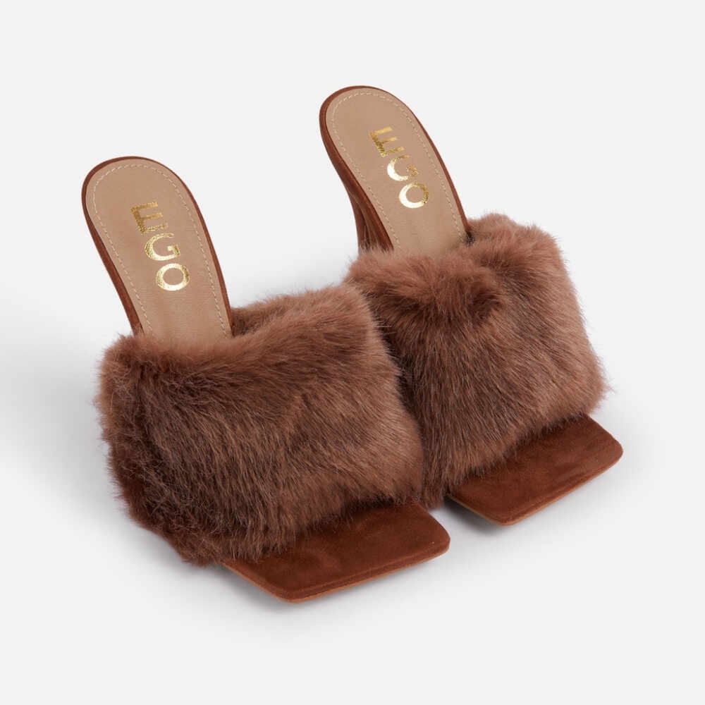 7.5 fluffy faux brown fur square toe heels